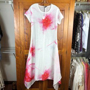 LIFVER Silk & Linen Coastal Floral Asymmetrical Artsy Beachy Boho Dress/Coverup